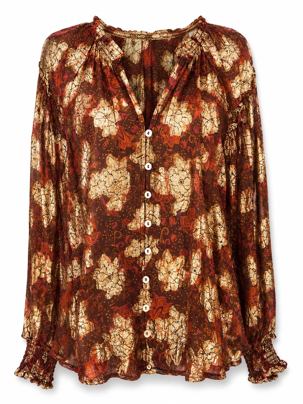Anthropologie Metallic Floral Boho Blouse Brown Gold Sheer S/M Oversized